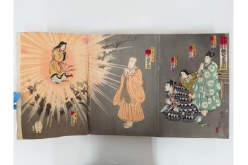 真作　明治期　浮世絵　版画画帳　水野年方・尾形月耕・宮川春汀・楊州周延・梅堂小国政(柳蛙)など　3枚続・6枚続を含む木版画109枚セット　(R-088030)