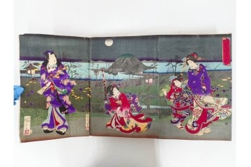 真作　明治期　浮世絵　版画画帳　水野年方・尾形月耕・宮川春汀・楊州周延・梅堂小国政(柳蛙)など　3枚続・6枚続を含む木版画109枚セット　(R-088030)