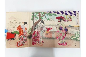 真作　明治期　浮世絵　版画画帳　水野年方・尾形月耕・宮川春汀・楊州周延・梅堂小国政(柳蛙)など　3枚続・6枚続を含む木版画109枚セット　(R-088030)