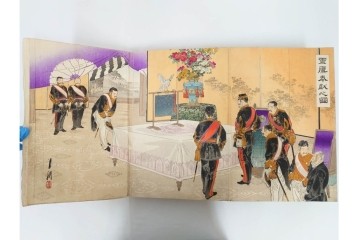 真作　明治期　浮世絵　版画画帳　水野年方・尾形月耕・宮川春汀・楊州周延・梅堂小国政(柳蛙)など　3枚続・6枚続を含む木版画109枚セット　(R-088030)