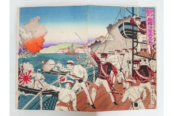 真作　明治期　浮世絵　版画画帳　水野年方・尾形月耕・宮川春汀・楊州周延・梅堂小国政(柳蛙)など　3枚続・6枚続を含む木版画109枚セット　(R-088030)