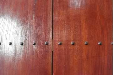 アンティーク建具　明治から大正期　欅(ケヤキ)材　漆塗り　ツートーンカラーが目を引く蔵戸1枚　(R-088054)