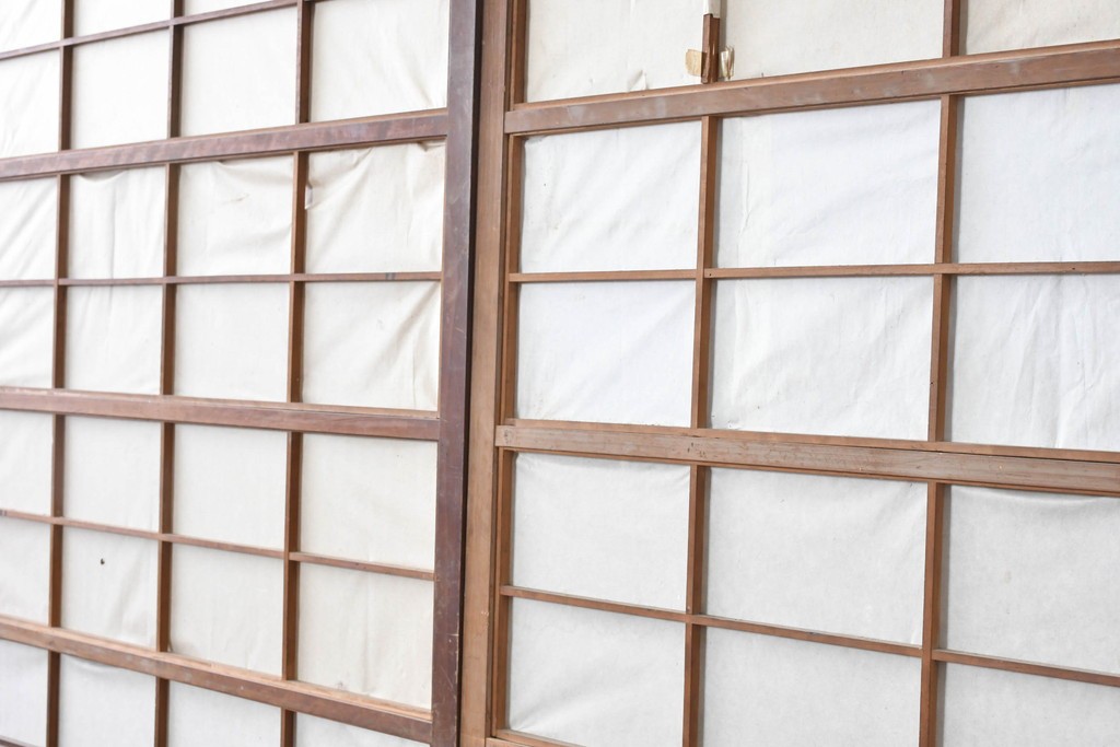 アンティーク建具　大正から昭和初期　均整の取れた格子意匠が美しい裏障子付き格子戸2枚セット　(R-088059)