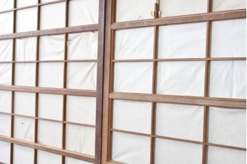アンティーク建具　大正から昭和初期　均整の取れた格子意匠が美しい裏障子付き格子戸2枚セット　(R-088059)
