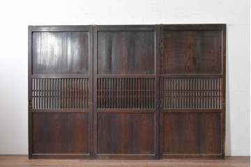 アンティーク建具　大正から昭和初期　ガラス入り　細やかな格子とガラスを組み合わせた格子帯戸3枚セット　(R-088065)