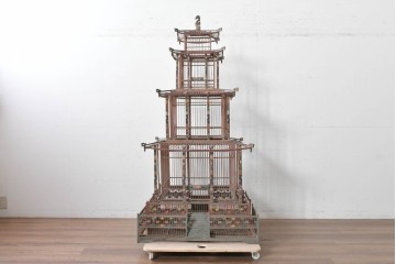 【簡易リペア限定品】　中国ヴィンテージ　希少!!　オリエンタルな彩色装飾が施された特大サイズのパゴダ風鳥カゴ　(R-088071)