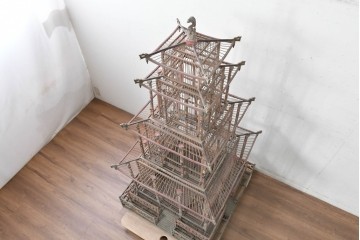 【簡易リペア限定品】　中国ヴィンテージ　希少!!　オリエンタルな彩色装飾が施された特大サイズのパゴダ風鳥カゴ　(R-088071)