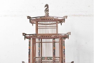 【簡易リペア限定品】　中国ヴィンテージ　希少!!　オリエンタルな彩色装飾が施された特大サイズのパゴダ風鳥カゴ　(R-088071)