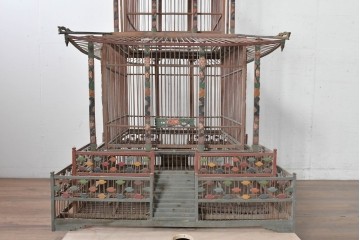 【簡易リペア限定品】　中国ヴィンテージ　希少!!　オリエンタルな彩色装飾が施された特大サイズのパゴダ風鳥カゴ　(R-088071)