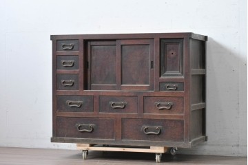 和製アンティーク　上手物!!　明治期から大正期　前面欅(ケヤキ)材　3尺　玉杢が美しい水屋箪笥サイドボード　(R-088079)