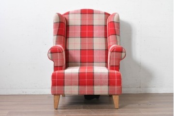 新古　展示品　美品　特注オーダー家具　チェック柄の華やかなウィングバックチェア　制作費約12万円　(R-088089)