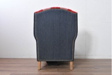 新古　展示品　美品　特注オーダー家具　チェック柄の華やかなウィングバックチェア　制作費約12万円　(R-088089)