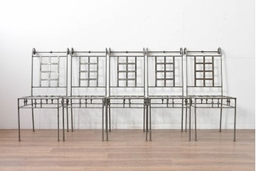 新古　展示品　美品　特注オーダー家具　スクエア格子デザインのアイアン製チェア5脚セット　(R-088093)