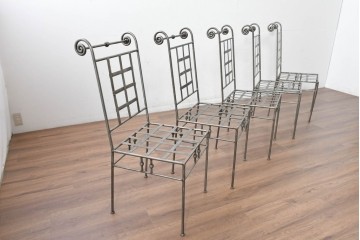 新古　展示品　美品　特注オーダー家具　スクエア格子デザインのアイアン製チェア5脚セット　(R-088093)