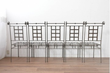 新古　展示品　美品　特注オーダー家具　スクエア格子デザインのアイアン製チェア5脚セット　(R-088093)