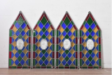 中古建具　職人手作り　鮮やかな色ガラスが美しい!　ハンドメイドのステンドグラス窓4枚セット　(R-088114)