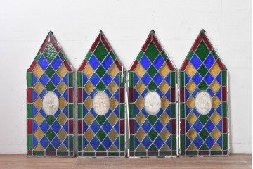中古建具　職人手作り　鮮やかな色ガラスが美しい!　ハンドメイドのステンドグラス窓4枚セット　(R-088114)