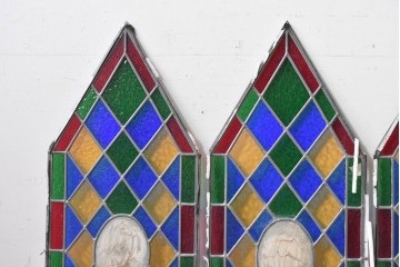中古建具　職人手作り　鮮やかな色ガラスが美しい!　ハンドメイドのステンドグラス窓4枚セット　(R-088114)