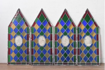 中古建具　職人手作り　鮮やかな色ガラスが美しい!　ハンドメイドのステンドグラス窓4枚セット　(R-088115)