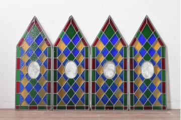 中古建具　職人手作り　鮮やかな色ガラスが美しい!　ハンドメイドのステンドグラス窓4枚セット　(R-088116)