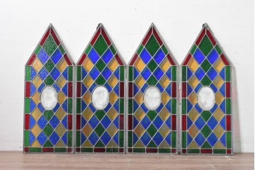中古建具　職人手作り　鮮やかな色ガラスが美しい!　ハンドメイドのステンドグラス窓4枚セット　(R-088117)