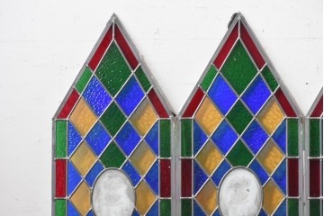 中古建具　職人手作り　鮮やかな色ガラスが美しい!　ハンドメイドのステンドグラス窓4枚セット　(R-088117)