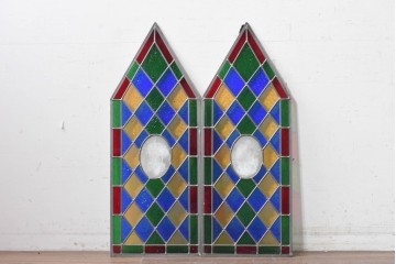 中古建具　職人手作り　鮮やかな色ガラスが美しい!　ハンドメイドのステンドグラス窓2枚セット　(R-088118)
