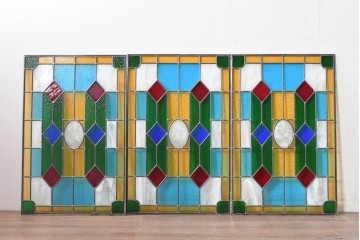 中古建具　職人手作り　色ガラスの幾何学模様が美しい!　ハンドメイドのステンドグラス窓3枚セット　(R-088119)