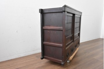 和製アンティーク　明治期　格子戸の意匠が趣深い四尺水屋箪笥サイドボード　(R-088126)