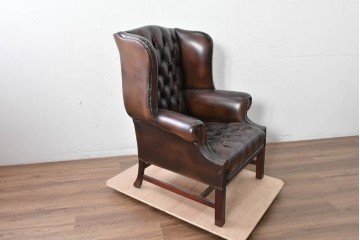 【簡易リペア限定品】　イギリスアンティーク　チェスターフィールドウィングバックチェア　※傷み有り　(R-088130)