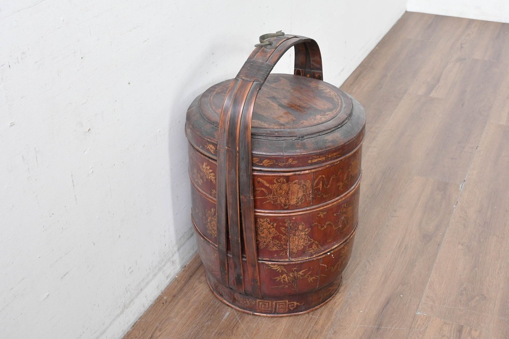 【簡易リペア限定品】　中国ヴィンテージ　アンティーク風　人物や草花の図柄が描かれた大きな手提げ重箱　(R-088209)
