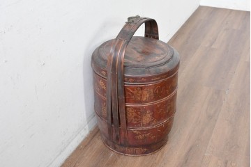 【簡易リペア限定品】　中国ヴィンテージ　アンティーク風　人物や草花の図柄が描かれた大きな手提げ重箱　(R-088209)