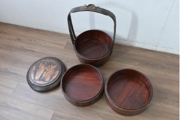 【簡易リペア限定品】　中国ヴィンテージ　アンティーク風　人物や草花の図柄が描かれた大きな手提げ重箱　(R-088209)