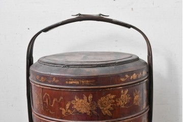 【簡易リペア限定品】　中国ヴィンテージ　アンティーク風　人物や草花の図柄が描かれた大きな手提げ重箱　(R-088209)