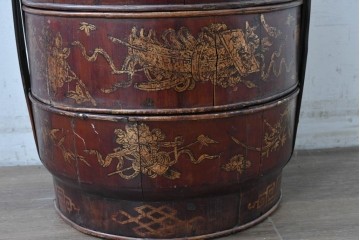 【簡易リペア限定品】　中国ヴィンテージ　アンティーク風　人物や草花の図柄が描かれた大きな手提げ重箱　(R-088209)