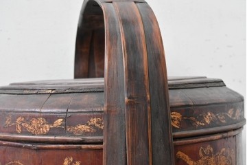 【簡易リペア限定品】　中国ヴィンテージ　アンティーク風　人物や草花の図柄が描かれた大きな手提げ重箱　(R-088209)