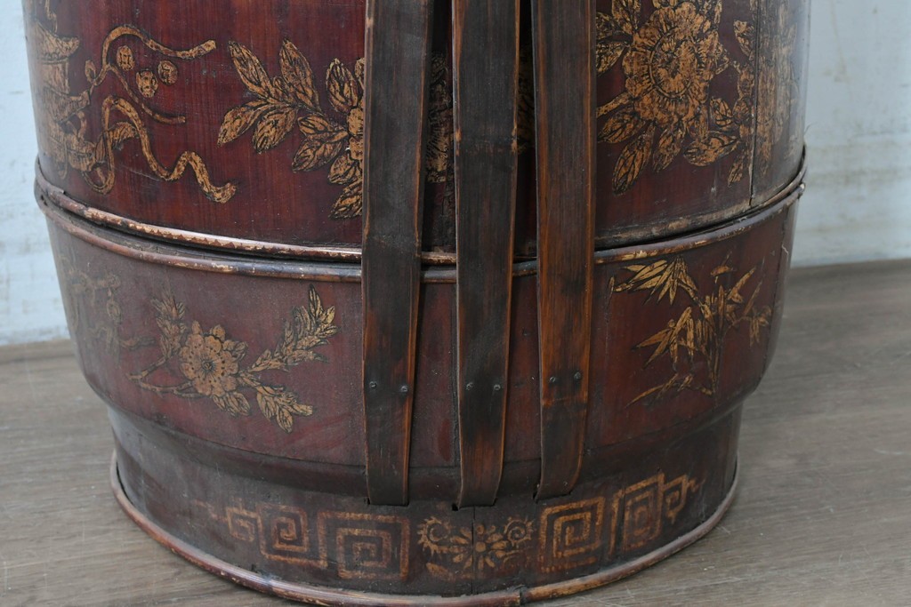 【簡易リペア限定品】　中国ヴィンテージ　アンティーク風　人物や草花の図柄が描かれた大きな手提げ重箱　(R-088209)