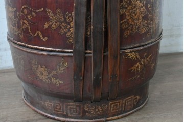 【簡易リペア限定品】　中国ヴィンテージ　アンティーク風　人物や草花の図柄が描かれた大きな手提げ重箱　(R-088209)