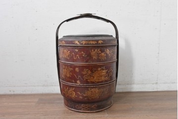 【簡易リペア限定品】　中国ヴィンテージ　アンティーク風　人物や草花の図柄が描かれた大きな手提げ重箱　(R-088209)