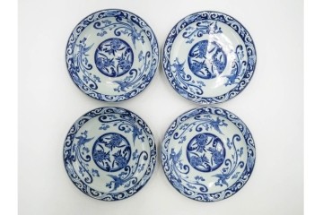 江戸期　古伊万里　染付　在銘(渦福・角福)　直径約19cm(6.2寸)　龍鳳凰文が趣深い中皿4枚セット　(R-088280)