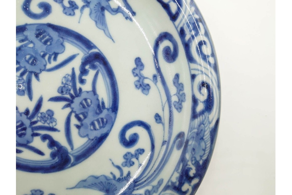 江戸期　古伊万里　染付　在銘(渦福・角福)　直径約19cm(6.2寸)　龍鳳凰文が趣深い中皿4枚セット　(R-088280)