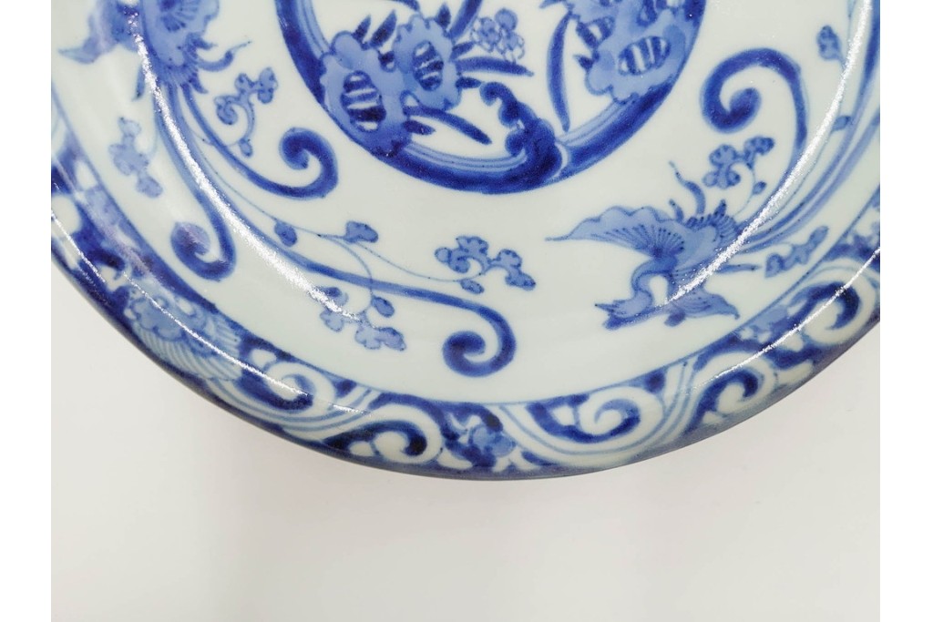 江戸期　古伊万里　染付　在銘(渦福・角福)　直径約19cm(6.2寸)　龍鳳凰文が趣深い中皿4枚セット　(R-088280)