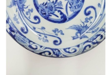 江戸期　古伊万里　染付　在銘(渦福・角福)　直径約19cm(6.2寸)　龍鳳凰文が趣深い中皿4枚セット　(R-088280)