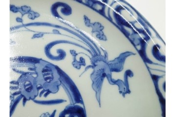 江戸期　古伊万里　染付　在銘(渦福・角福)　直径約19cm(6.2寸)　龍鳳凰文が趣深い中皿4枚セット　(R-088280)