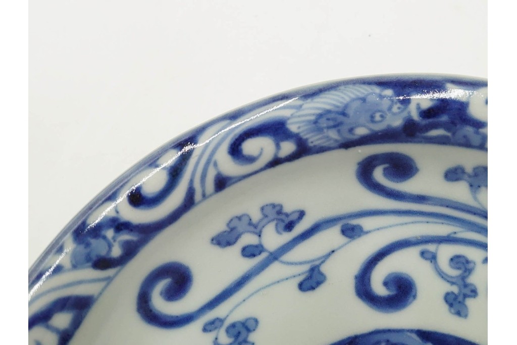 江戸期　古伊万里　染付　在銘(渦福・角福)　直径約19cm(6.2寸)　龍鳳凰文が趣深い中皿4枚セット　(R-088280)