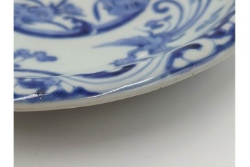 江戸期　古伊万里　染付　在銘(渦福・角福)　直径約19cm(6.2寸)　龍鳳凰文が趣深い中皿4枚セット　(R-088280)