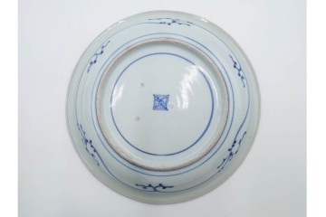 江戸期　古伊万里　染付　在銘(渦福・角福)　直径約19cm(6.2寸)　龍鳳凰文が趣深い中皿4枚セット　(R-088280)