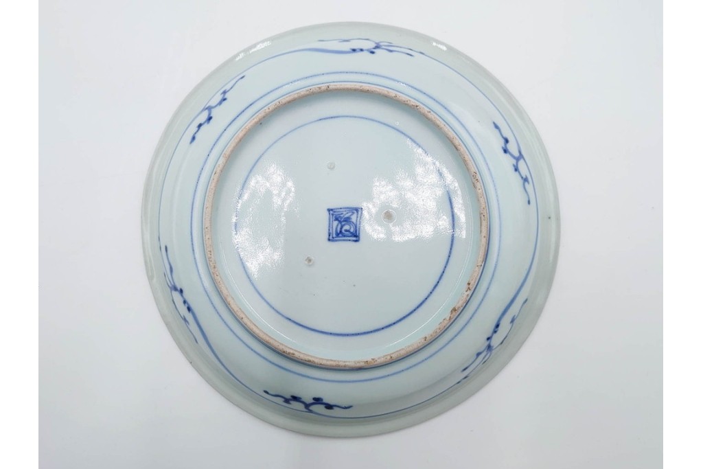 江戸期　古伊万里　染付　在銘(渦福・角福)　直径約19cm(6.2寸)　龍鳳凰文が趣深い中皿4枚セット　(R-088280)