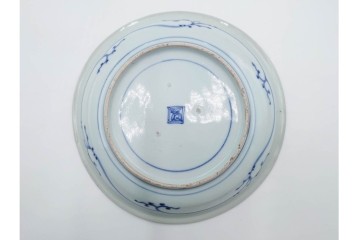 江戸期　古伊万里　染付　在銘(渦福・角福)　直径約19cm(6.2寸)　龍鳳凰文が趣深い中皿4枚セット　(R-088280)