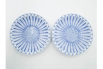 明治から大正期　染付　直径約17cm(5.4寸)　のびやかな菊花文が美しい中皿2枚セット　(R-088283)